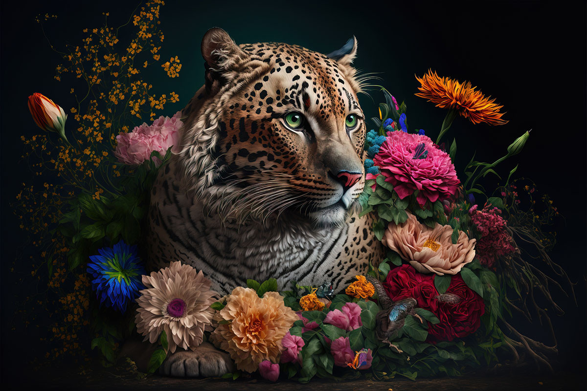 Glasschilderij met 3D reliëf 120x80cm Panter met bloemen