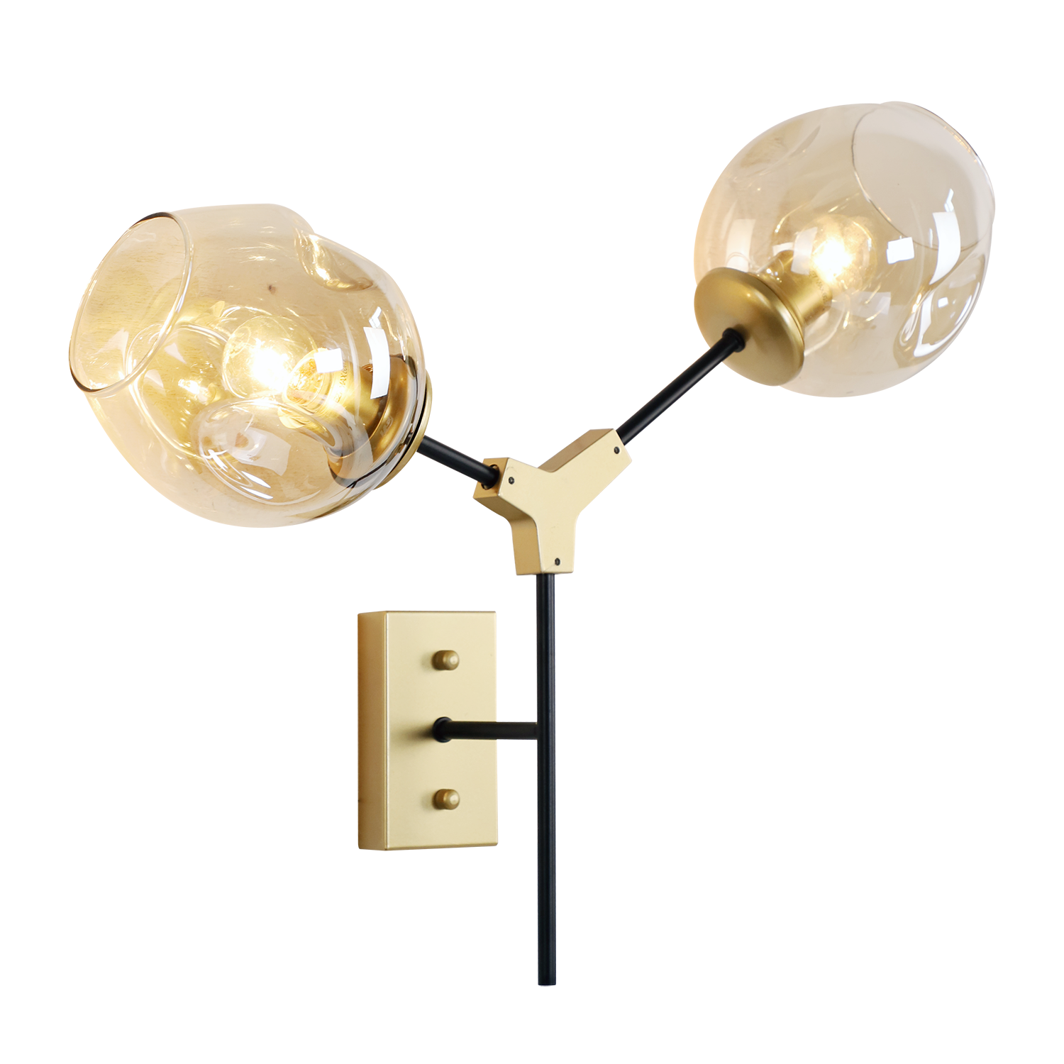 Wandlamp Laurenzo 2L zwart, goud + Amber glas