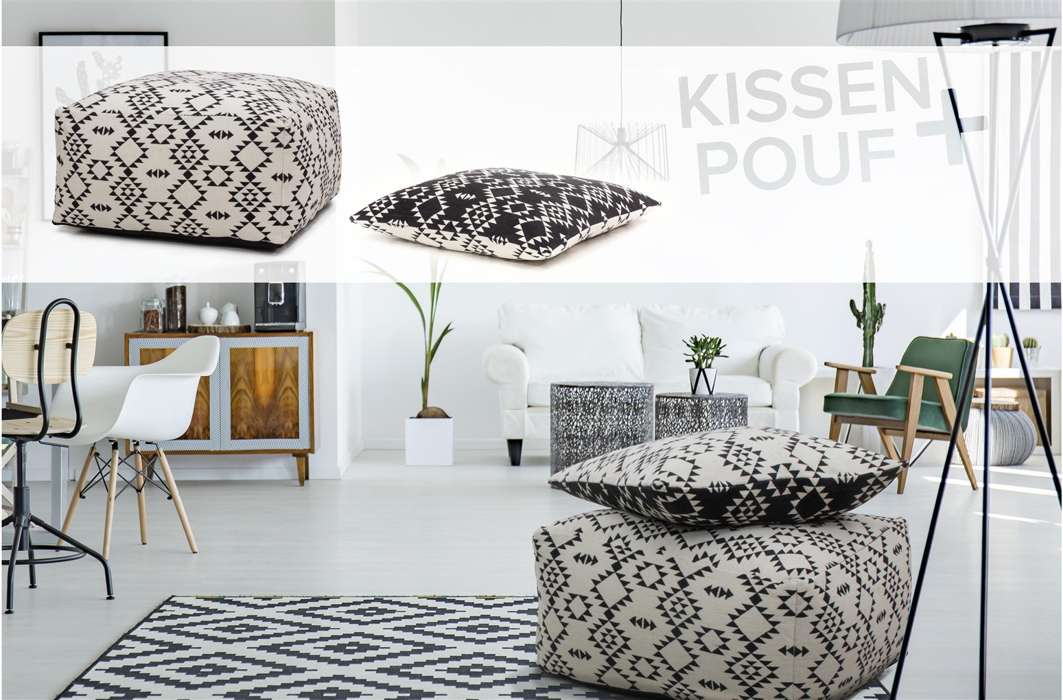 poef & kussen Set 160 wit / zwart 80cm x 80cm - Afbeelding 4
